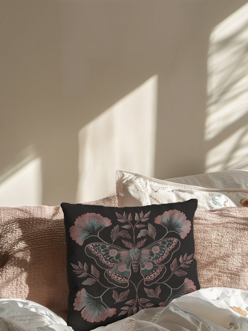 A square decorative pillow featuring an intricately detailed Luna moth in faded rose pink, slate blue and dusty terracotta colors on a black background. The moth is centered in a symmetrical arrangement with ginkgo-inspired leaves and botanical elements surrounding it.